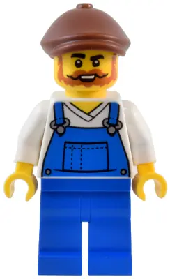 TWN492:  Natural History Museum Window Washer - Male, Blue Overalls over V-Neck Shirt, Blue Legs, Reddish Brown Flat Cap, Beard