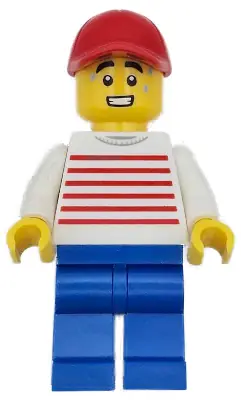 TWN493:  Retro Food Truck Vendor - Male, White Sweater with Red Horizontal Stripes, Blue Legs, Red Cap, Sweat Drops