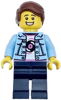 TWN496:  Burger Truck Customer - Male, Bright Light Blue Denim Jacket over Shirt with Record, Dark Blue Legs, Reddish Brown Hair with Cochlear Implant