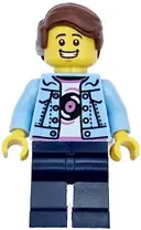Minifigurka: TWN496:  Burger Truck Customer - Male, Bright Light Blue Denim Jacket over Shirt with Record, Dark Blue Legs, Reddish Brown Hair with Cochlear Implant