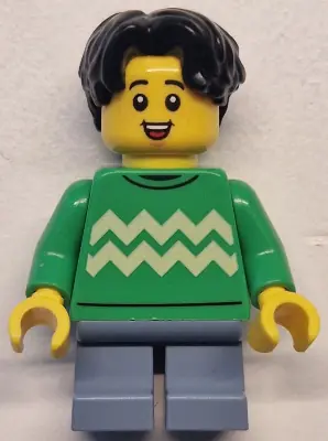 TWN499:  Child - Boy, Bright Green Sweater with Bright Light Yellow Zigzag Lines, Sand Blue Short Legs, Black Hair Wavy, Freckles