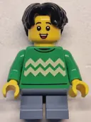 Minifigurka: TWN499:  Child - Boy, Bright Green Sweater with Bright Light Yellow Zigzag Lines, Sand Blue Short Legs, Black Hair Wavy, Freckles