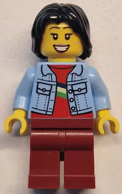 TWN500:  Woman - Bright Light Blue Denim Jacket, Dark Red Legs, Black Mid-Length Tousled Hair