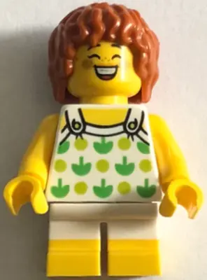TWN502:  Child - Girl, White Halter Top with Green Apples and Lime Spots, White Short Legs with Yellow Feet, Dark Orange Hair