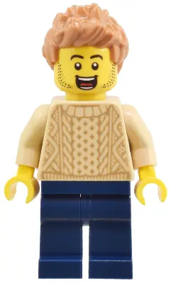 TWN503:  Adult - Male, Tan Knit Cable Sweater, Dark Blue Legs, Medium Nougat Spiked Hair