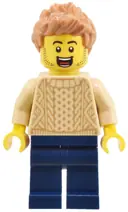 Minifigurka: TWN503:  Adult - Male, Tan Knit Cable Sweater, Dark Blue Legs, Medium Nougat Spiked Hair