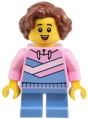 TWN504:  Child - Girl, Bright Pink Hoodie with Medium Blue and White Diagonal Stripes, Medium Blue Short Legs, Reddish Brown Wavy Hair