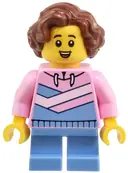 Minifigurka: TWN504:  Child - Girl, Bright Pink Hoodie with Medium Blue and White Diagonal Stripes, Medium Blue Short Legs, Reddish Brown Wavy Hair