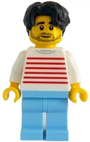 Minifigurka: TWN505:  Modern House Resident - Male, White Sweater with Red Horizontal Stripes, Bright Light Blue Legs, Dark Brown Hair Wavy