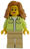 Minifigurka: TWN506:  Modern House Resident - Female, Yellowish Green Jacket over White Shirt, Tan Legs, Medium Nougat Hair Wavy