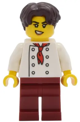 TWN513:  Tudor House Chef - White Torso with 8 Buttons, Dark Red Legs, Dark Brown Hair Wavy