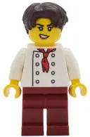 Minifigurka: TWN513:  Tudor House Chef - White Torso with 8 Buttons, Dark Red Legs, Dark Brown Hair Wavy