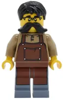 Minifigurka: TWN515:  Tudor House Clockmaker - Dark Tan Shirt with Reddish Brown Apron, Sand Blue Legs, Black Hair and Moustache