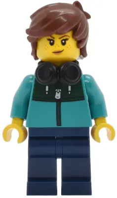 TWN516:  Tudor House Resident - Dark Turquoise Jacket with Dark Green Panel, Dark Blue Legs, Reddish Brown Hair Tousled, Black Headphones