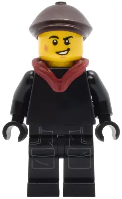 TWN517:  Tudor House Chimney Sweep - Black Torso and Legs with Dark Bluish Gray Pockets, Dark Brown Flat Cap, Dark Red Hood Folded Down