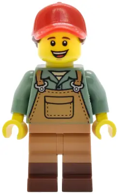 TWN520:  Gardener - Female, Medium Nougat Overalls over Sand Green Shirt, Reddish Brown Boots, Red Ball Cap with Reddish Brown Ponytail