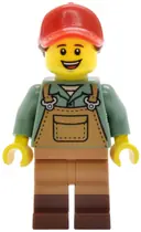 Minifigurka: TWN520:  Gardener - Female, Medium Nougat Overalls over Sand Green Shirt, Reddish Brown Boots, Red Ball Cap with Reddish Brown Ponytail