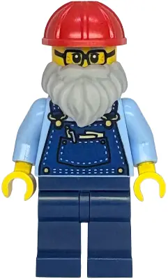 TWN535:  Shopping Street Plumber - Male, Bright Light Blue Shirt, Dark Blue Overalls and Legs, Red Construction Helmet