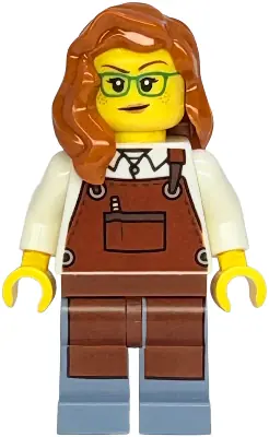 TWN537:  Shopping Street Carpenter - Female, White Shirt, Reddish Brown Apron, Sand Blue Legs, Dark Orange Hair