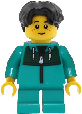 TWN551:  Child - Boy, Dark Turquoise Jacket with Dark Green Panel, Dark Turquoise Short Legs, Black Hair Wavy