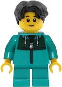Minifigurka: TWN551:  Child - Boy, Dark Turquoise Jacket with Dark Green Panel, Dark Turquoise Short Legs, Black Hair Wavy