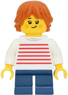 TWN552:  Child - Girl, White Sweater with Red Horizontal Stripes, Dark Blue Short Legs, Dark Orange Tousled and Layered Hair