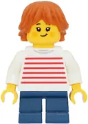 Minifigurka: TWN552:  Child - Girl, White Sweater with Red Horizontal Stripes, Dark Blue Short Legs, Dark Orange Tousled and Layered Hair