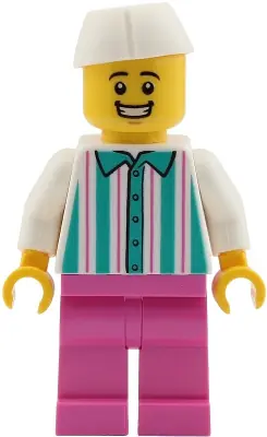 TWN553:  Food Vendor - Male, White Shirt with Dark Turquoise Stripes, Dark Pink Legs, White Butcher / Food Service Cap