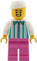Minifigurka: TWN553:  Food Vendor - Male, White Shirt with Dark Turquoise Stripes, Dark Pink Legs, White Butcher / Food Service Cap