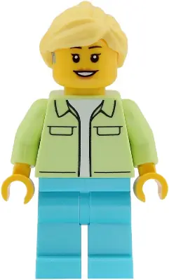 TWN554:  Ferris Wheel Operator - Female, Yellowish Green Jacket over White Shirt, Medium Azure Legs, Bright Light Yellow Hair Ponytail, Hearing Aid