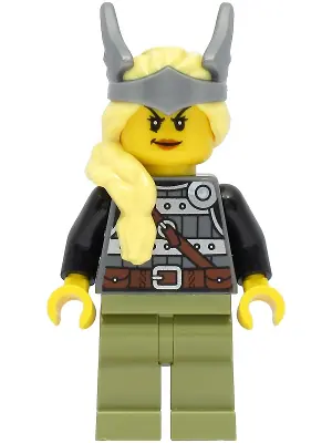VIK039:  Viking Warrior - Female, Dark Bluish Gray and Silver Armor, Olive Green Legs, Bright Light Yellow Hair with Winged Tiara