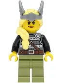 Minifigurka: VIK039:  Viking Warrior - Female, Dark Bluish Gray and Silver Armor, Olive Green Legs, Bright Light Yellow Hair with Winged Tiara