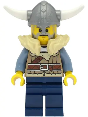 VIK040:  Viking Warrior - Male, Dark Tan Jacket with Tan Fur, Dark Blue Legs, Flat Silver Helmet