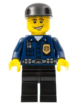 WC005:  Police - World City Patrolman, Dark Blue Shirt with Badge and Radio, Black Legs, Black Cap, Smile