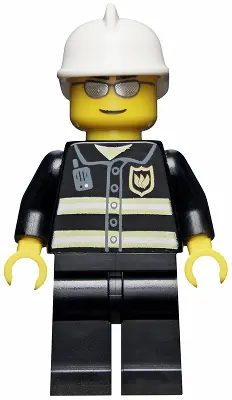 WC021:  Fire - Reflective Stripes, Black Legs, White Fire Helmet, Silver Sunglasses