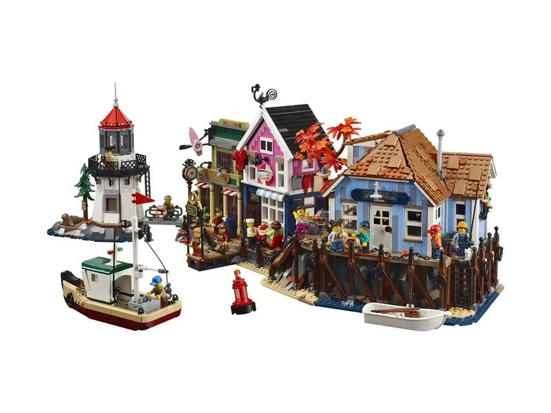 Zestaw LEGO 910069 Wioska rybacka z kolorowymi domkami, latarnią morską i łodzią