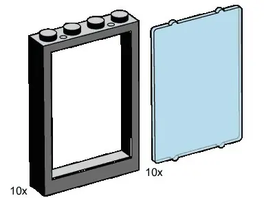 LEGO B001 1 x 4 x 5 Black Window Frames, Transparent Blue Panes